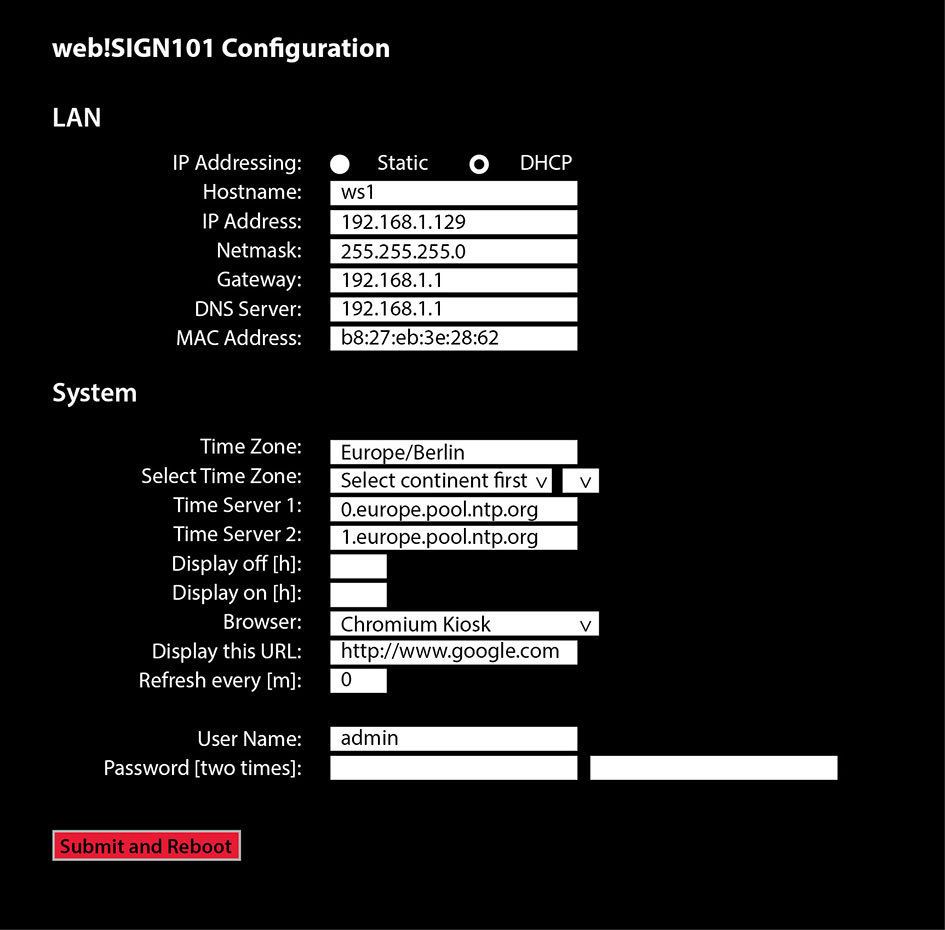 web!SIGN101 configuration menu